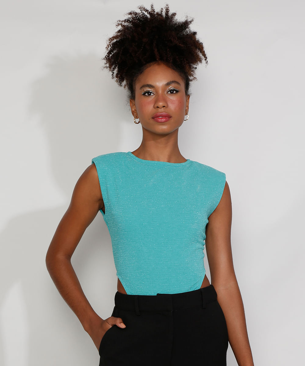 Body Muscle Tee Feminino Mindset Cavado Texturizado com Lurex e Ombreiras Decote Redondo Verde Água