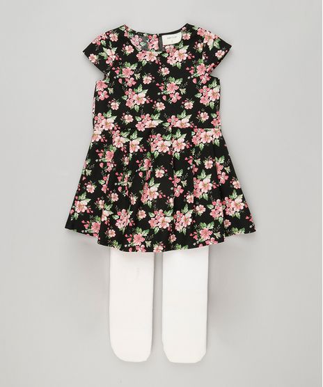 Vestido-Infantil-Estampado-Floral-Manga-Curta-com-Pregas---Meia-Calca--Preto-8877271-Preto_1