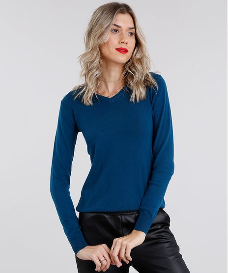 Sueter-Feminino-Basico-em-Trico-Manga-Longa-Decote-em-V-Azul-petroleo-8839935-Azul_Petroleo_1