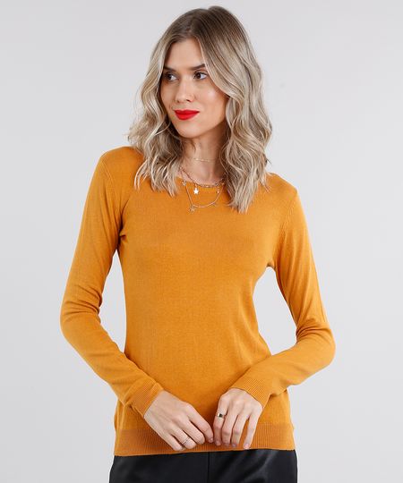 Sueter-Feminino-Basico-em-Trico-Manga-Longa-Decote-Redondo-Amarelo-Escuro-8840399-Amarelo_Escuro_1
