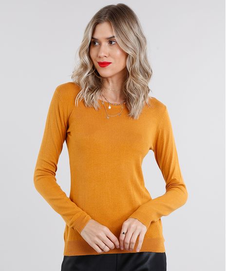 Sueter-Feminino-Basico-em-Trico-Manga-Longa-Decote-Redondo-Amarelo-Escuro-8840399-Amarelo_Escuro_1