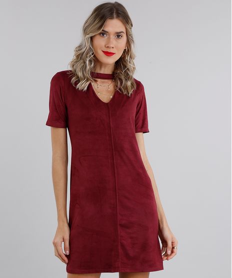 Vestido-Feminino-Choker-em-Suede-Curto-Manga-Curta-Vinho-9131419-Vinho_1