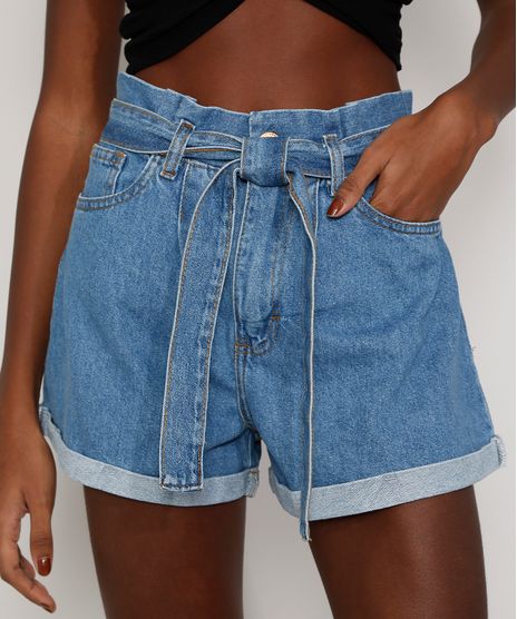 Short Jeans Clochard Cintura Alta de Amarrar Feminino Azul Frente