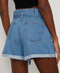 Short Jeans Clochard Cintura Alta de Amarrar Feminino Azul Costas
