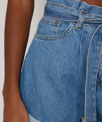 Short Jeans Clochard Cintura Alta de Amarrar Feminino Azul Lateral
