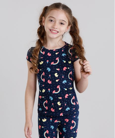 Blusa-Infantil-Estampada-de-Unicornio-Manga-Curta-Decote-Redondo-em-Algodao---Sustentavel-Azul-Marinho-9111972-Azul_Marinho_1