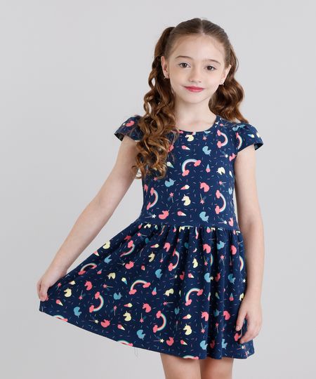 Vestido-Infantil-Estampado-de-Unicornio-Manga-Curta-Curto-em-Algodao---Sustentavel-Azul-Marinho-9120167-Azul_Marinho_1