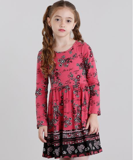 Vestido-Infantil-Estampado-Floral-Manga-Longa-Curto-Rosa-Escuro-9041157-Rosa_Escuro_1