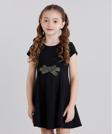 Vestido-Infantil-com-Laco-Texturizado-Curto-Manga-Curta-Preto-9041154-Preto_1
