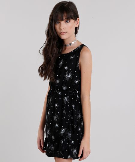 Vestido-Infantil-Estampado-de-Estrelas-Sem-Manga-Curto-com-Babado-Preto-9116099-Preto_1