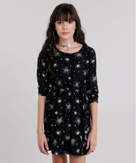 Vestido-Infantil-Estampado-de-Estrelas-Manga-Longa-Curto-com-Babado-Preto-9116100-Preto_1