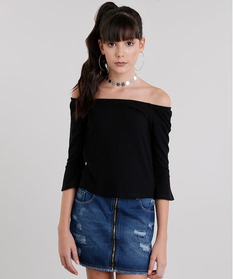 Blusa Infantil Com Decote Ombro A Ombro Manga Longa Preta Cea