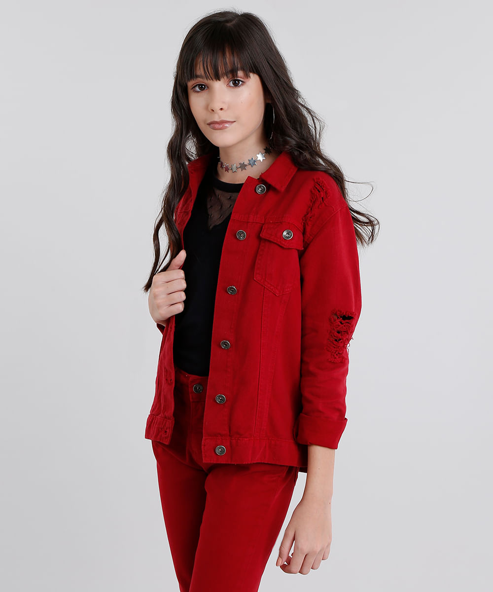 jaqueta jeans feminina vermelha