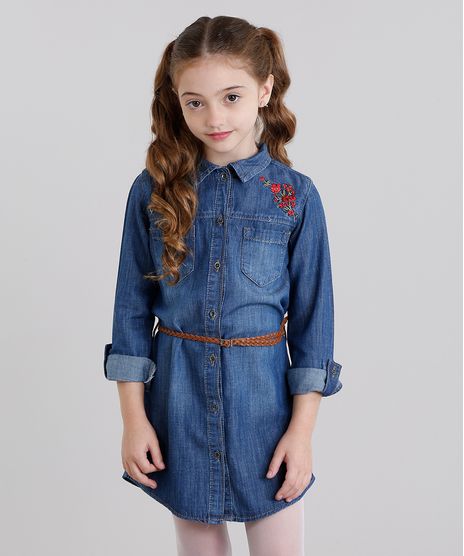 Vestido-Jeans-Infantil-Chemise-com-Bordado-Floral-Manga-Longa---Cinto-Trancado-Azul-Escuro-9060559-Azul_Escuro_1