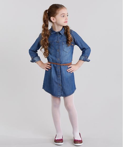 Vestido Jeans Infantil Chemise Com Bordado Floral Manga Longa