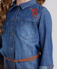 Vestido-Jeans-Infantil-Chemise-com-Bordado-Floral-Manga-Longa---Cinto-Trancado-Azul-Escuro-9060559-Azul_Escuro_4