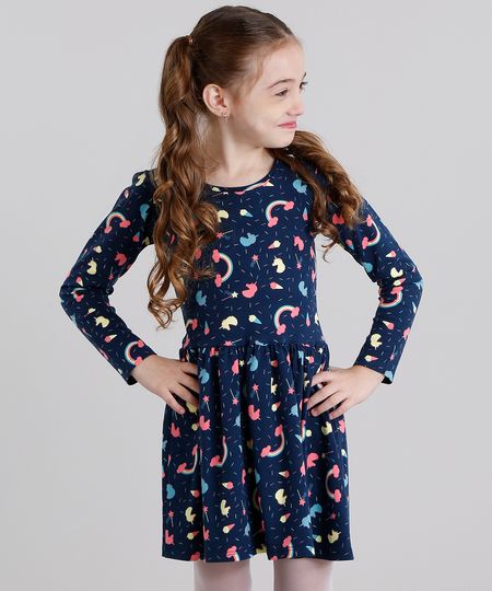 Vestido-Infantil-Estampado-de-Unicornio-Manga-Longa-Curto-em-Algodao---Sustentavel-Azul-Marinho-9120166-Azul_Marinho_1