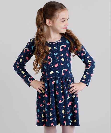 Vestido-Infantil-Estampado-de-Unicornio-Manga-Longa-Curto-em-Algodao---Sustentavel-Azul-Marinho-9120166-Azul_Marinho_1