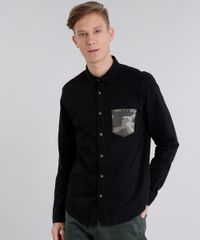 Camisa-Masculina-com-Bolso-Estampado-Camuflado-Manga-Longa-Preta-9123426-Preto_1