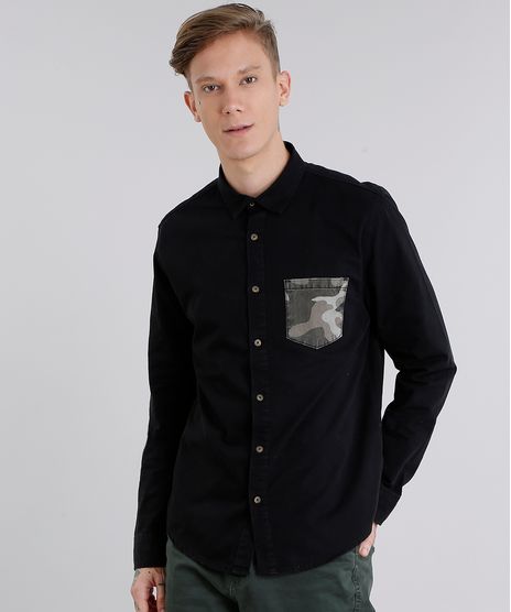 Camisa-Masculina-com-Bolso-Estampado-Camuflado-Manga-Longa-Preta-9123426-Preto_1