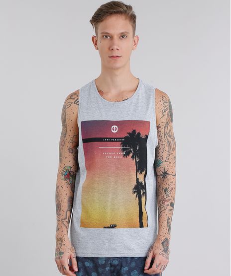 Regata-Masculina-com-Estampa-de-Coqueiro-Gola-Careca-em-Algodao---Sustentavel-Cinza-Mescla-Claro-9123356-Cinza_Mescla_Claro_1