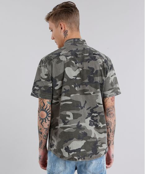 Camisa Masculina Estampada Camuflada Manga Curta Verde Militar Cea