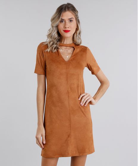 Vestido-Feminino-Choker-em-Suede-Curto-Manga-Curta-Caramelo-9131419-Caramelo_1