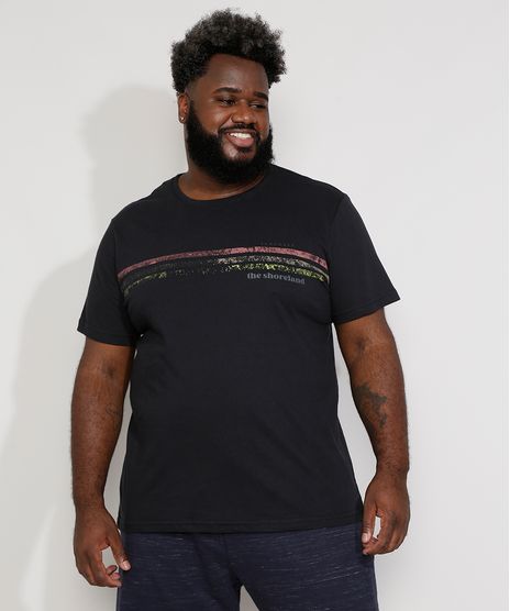 Camiseta-Masculina-Plus-Size-Manga-Curta-Gola-Careca--The-Shoreland--com-Listras-Preta-9977439-Preto_1