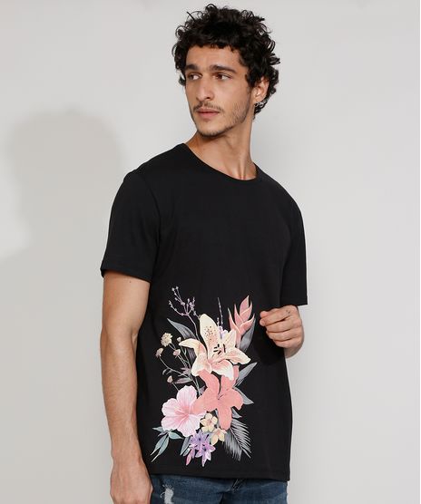 Camiseta-Masculina-Manga-Curta-Gola-Careca-com-Estampa-Floral-Preta-9967022-Preto_1