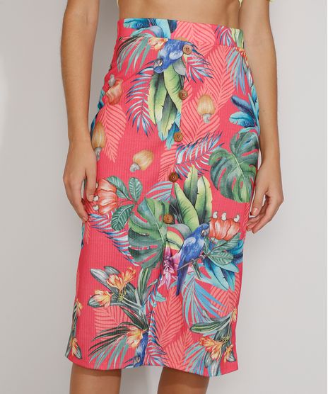 Saia-Feminina-Midi-Canelada-Estampada-de-Arara-com-Botoes-e-Fenda-Coral-9970706-Coral_1