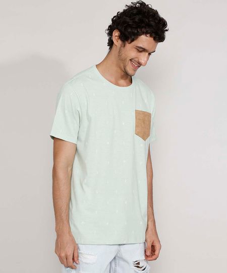 Camiseta-Masculina-Estampada-Manga-Curta-Gola-Careca-Mini-Print-com-Bolso-de-Suede-Verde-Claro-9971314-Verde_Claro_1