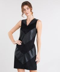 Vestido-Feminino-com-Recortes-Geometricos-em-Suede-Curto-Decote-V--Preto-8499837-Preto_1