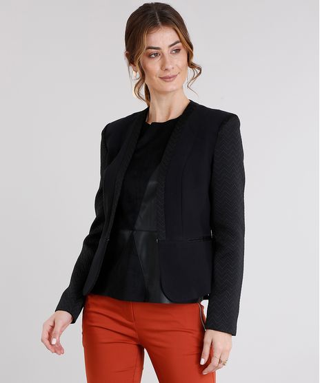 Blazer-Feminino-Acinturado-com-Manga-Texturizada-Jacquard-Bolso-Decorativo-Sem-Gola--Preto-8546173-Preto_1