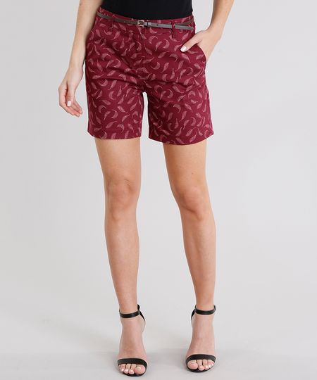 Short--Alfaiataria-Estampado-de-Folhas-com-Cinto-Vinho-8933054-Vinho_1