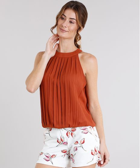Regata-Feminina-Halter-Neck-com-Pregas-Decote-Redondo-Laranja-Escuro-8932851-Laranja_Escuro_1