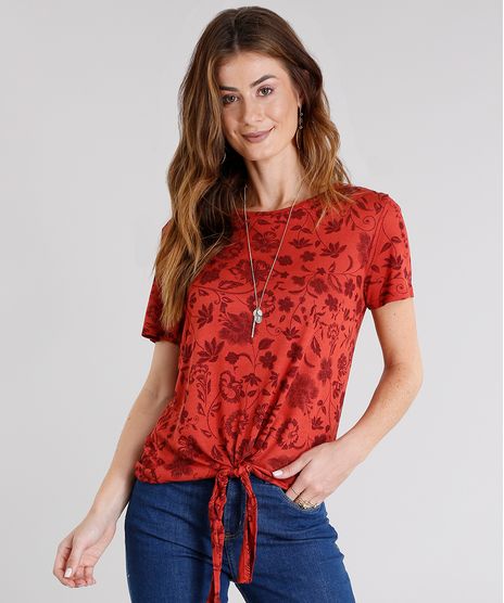 Blusa-Feminina-com-No-e-Estampa-Floral-Manga-Curta-Decote-Redondo-Laranja-Escuro-8977640-Laranja_Escuro_1