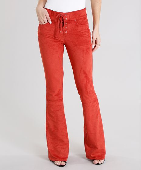 Calca-Feminina-Flare-em-Suede-com-Lace-Up-Laranja-Escuro-8886921-Laranja_Escuro_1