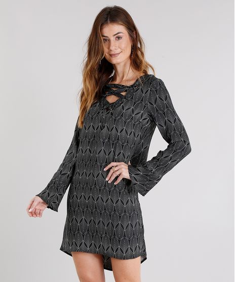 Vestido-Feminino-com-Lace-Up-Estampado-Mang-Longa-Curto-Preto-8889777-Preto_1