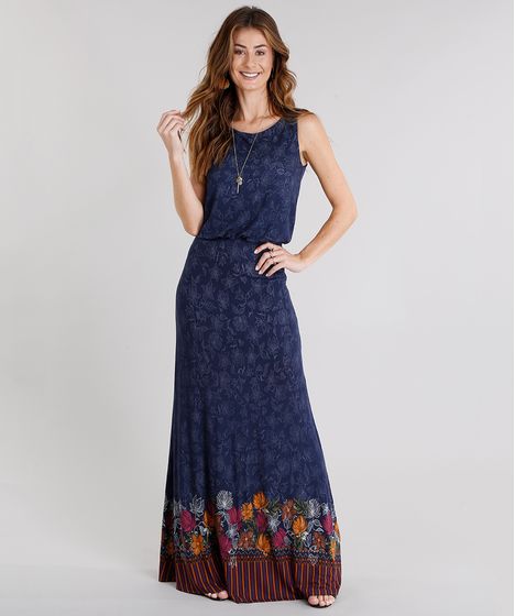 vestido longo azul marinho florido