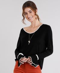 Blusa-Feminina-Decote-V-Contrastante-em-Trico-Manga-Longa-com-Babado-Preta-8873271-Preto_1