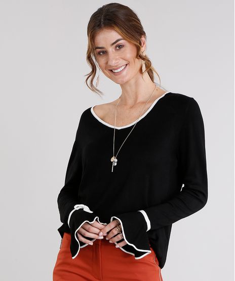 Blusa-Feminina-Decote-V-Contrastante-em-Trico-Manga-Longa-com-Babado-Preta-8873271-Preto_1