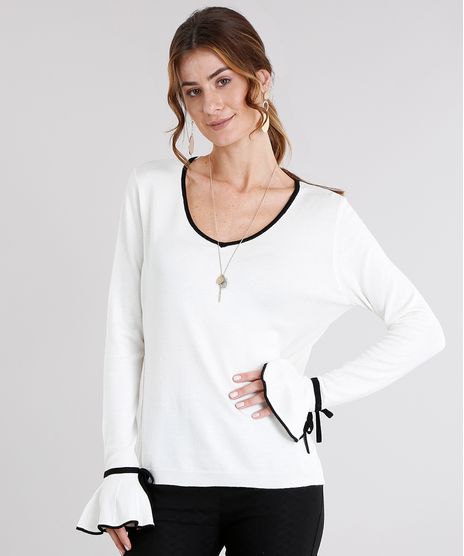 Blusa-Feminina-Decote-V-Contrastante-em-Trico-Manga-Longa-com-Babado-Off-White-8873271-Off_White_1