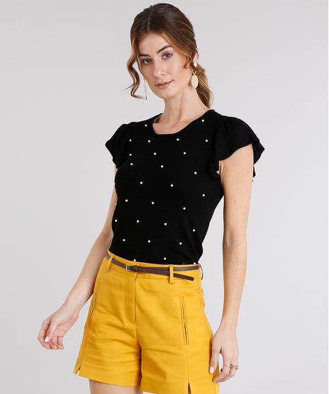 Blusa-Feminina-em-Trico-com-Perolas-Manga-Curta-Decote-Redondo-Preta-8875147-Preto_1