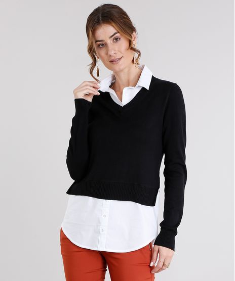 Sueter-Feminino-com-Sobreposicao-de-Camisa-em-Trico-Manga-Longa-Decote-V-Preto-8926741-Preto_1