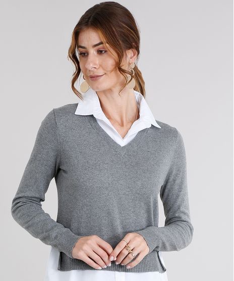 Sueter-Feminino-com-Sobreposicao-de-Camisa-em-Trico-Manga-Longa-Decote-V-Cinza-Mescla-8926741-Cinza_Mescla_1
