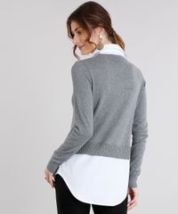 Sueter-Feminino-com-Sobreposicao-de-Camisa-em-Trico-Manga-Longa-Decote-V-Cinza-Mescla-8926741-Cinza_Mescla_2