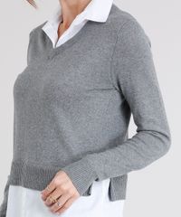 Sueter-Feminino-com-Sobreposicao-de-Camisa-em-Trico-Manga-Longa-Decote-V-Cinza-Mescla-8926741-Cinza_Mescla_4