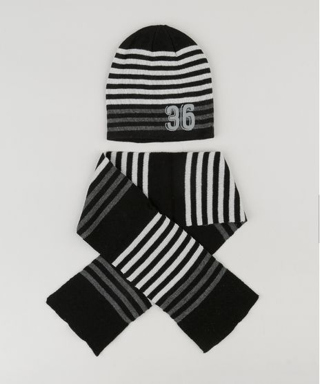 Gorro-Infantil-Listrado-em-Trico---Cachecol-Preto-8865094-Preto_1