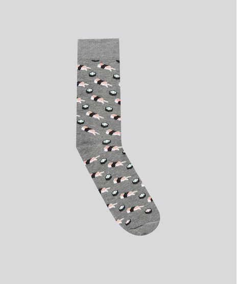 Meia-Masculina-Divertida-Estampada-de-Sushi-Cano-Longo-Cinza-Mescla-Escuro-9158690-Cinza_Mescla_Escuro_1