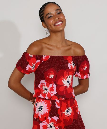 Blusa-Feminina-Ombro-a-Ombro-Estampada-Floral-Manga-Curta-Vermelha-Escuro-9976185-Vermelho_Escuro_1